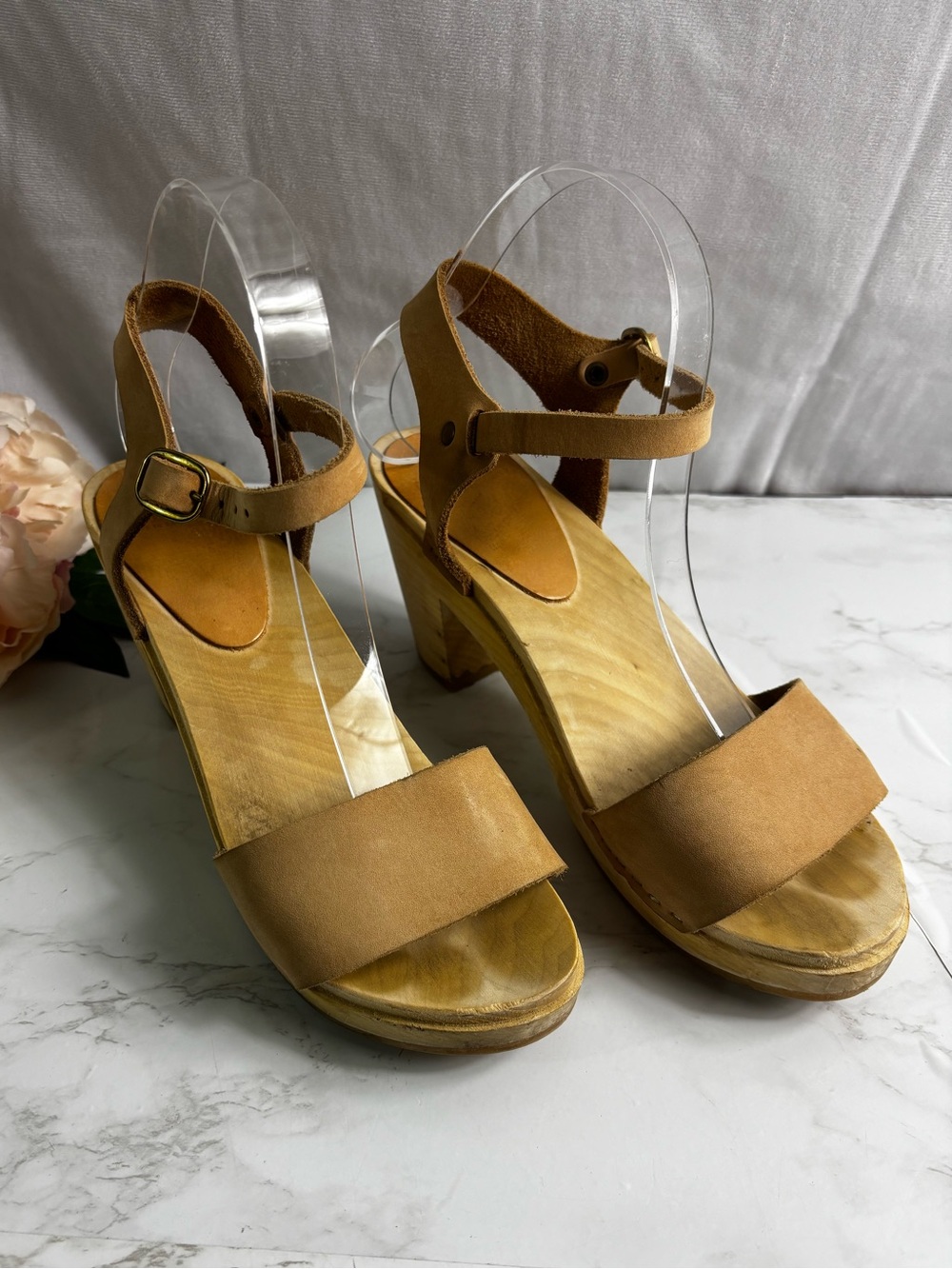 BRYR San Francisco The Rachel Open Toe Heeled Wooden Clog Sandal Size 37